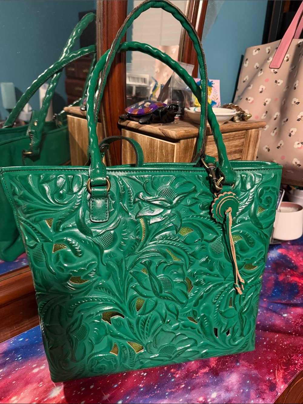 Patricia Nash Green Leather Floral Embossed Tote Bag